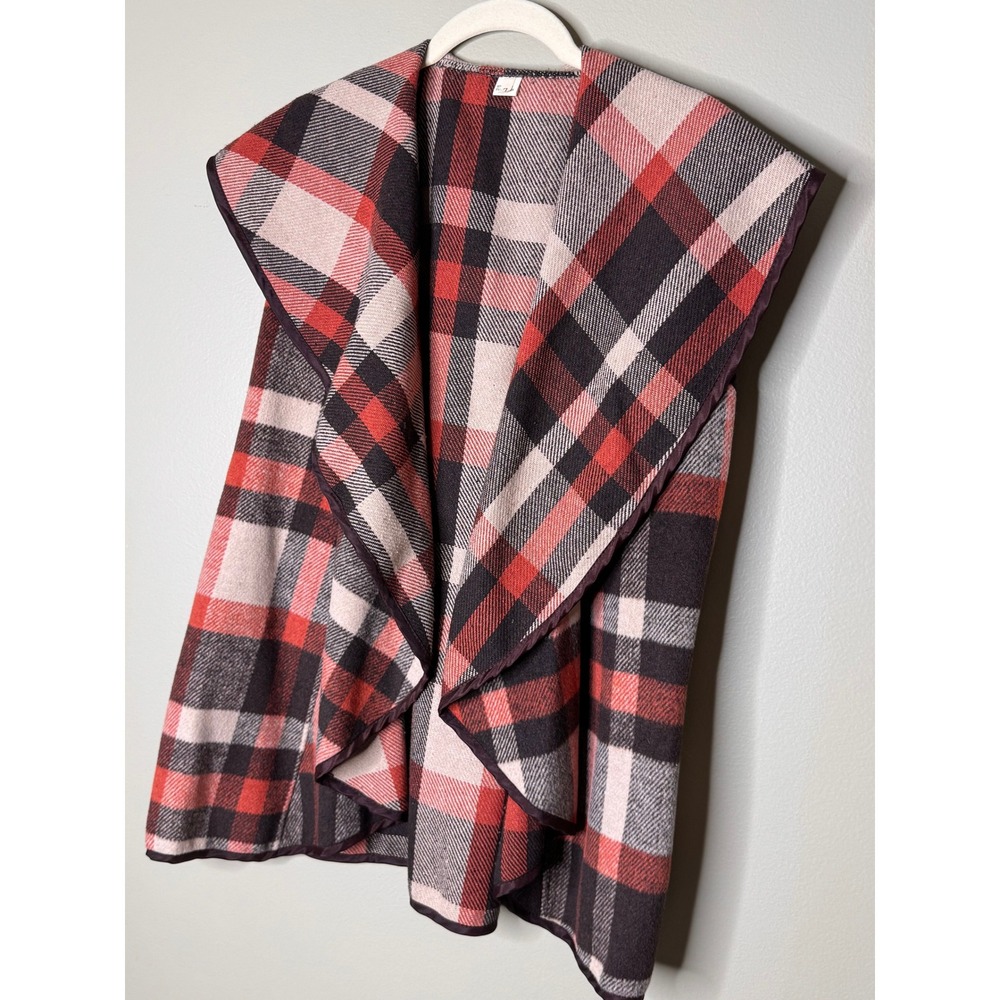 Vintage 1970s Orange Brown Plaid Cape Vest Draped Shawl Collar Boho 70s